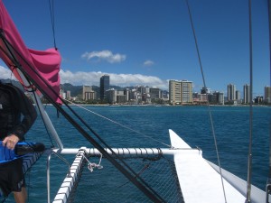 The skyline of Honolulu from our catamaran.