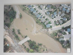 This aerial photo on the wall of the visitor center shows the damage inflicted by the flood on a major local bridge. 