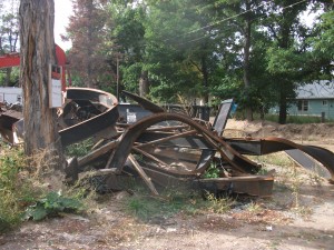 Here lie the remains of a mobile home caught in the swirling waters of the deluge.